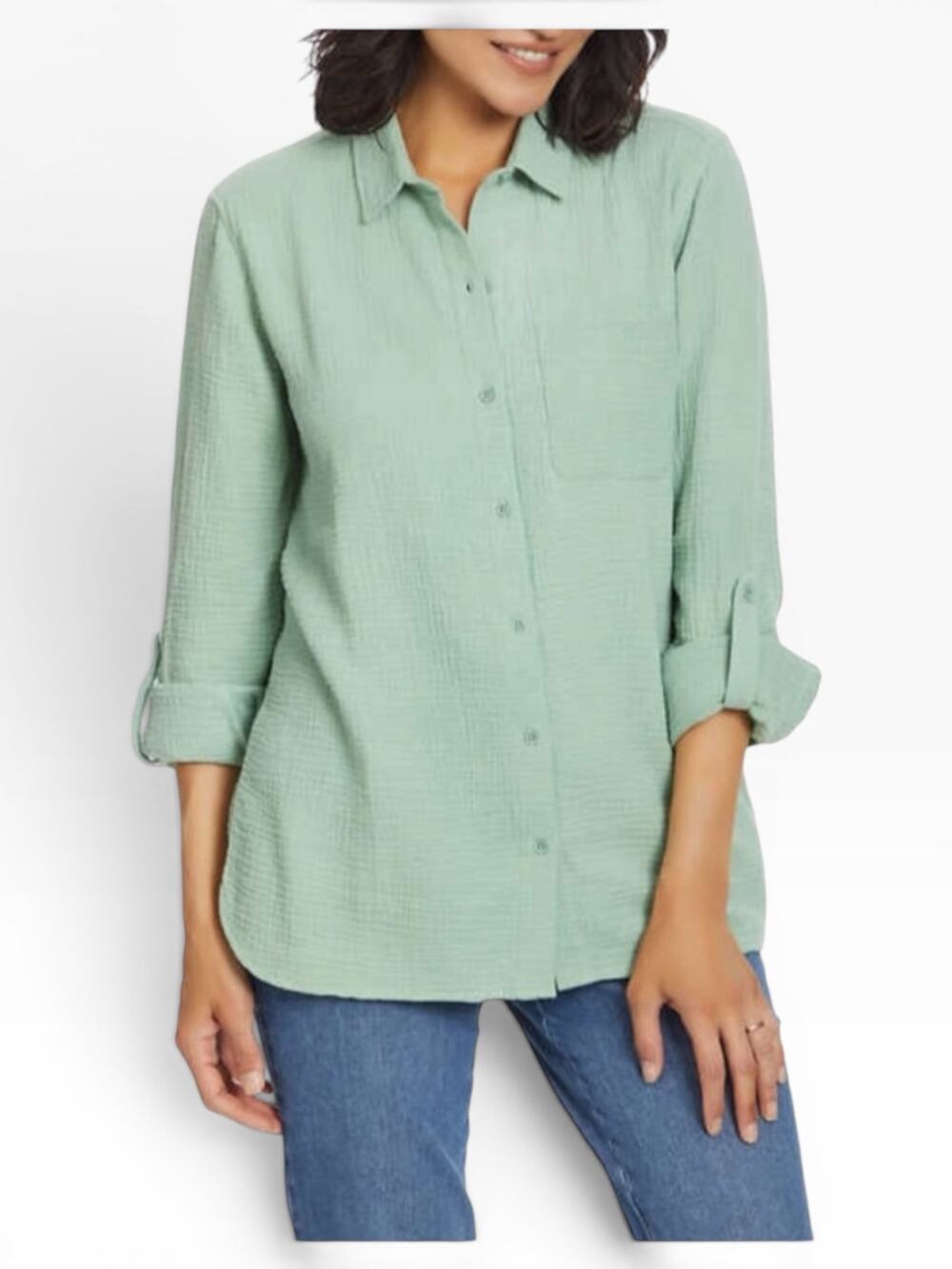 Anne Klein Gauze Button Up Blouse Women L Sage Green NWT